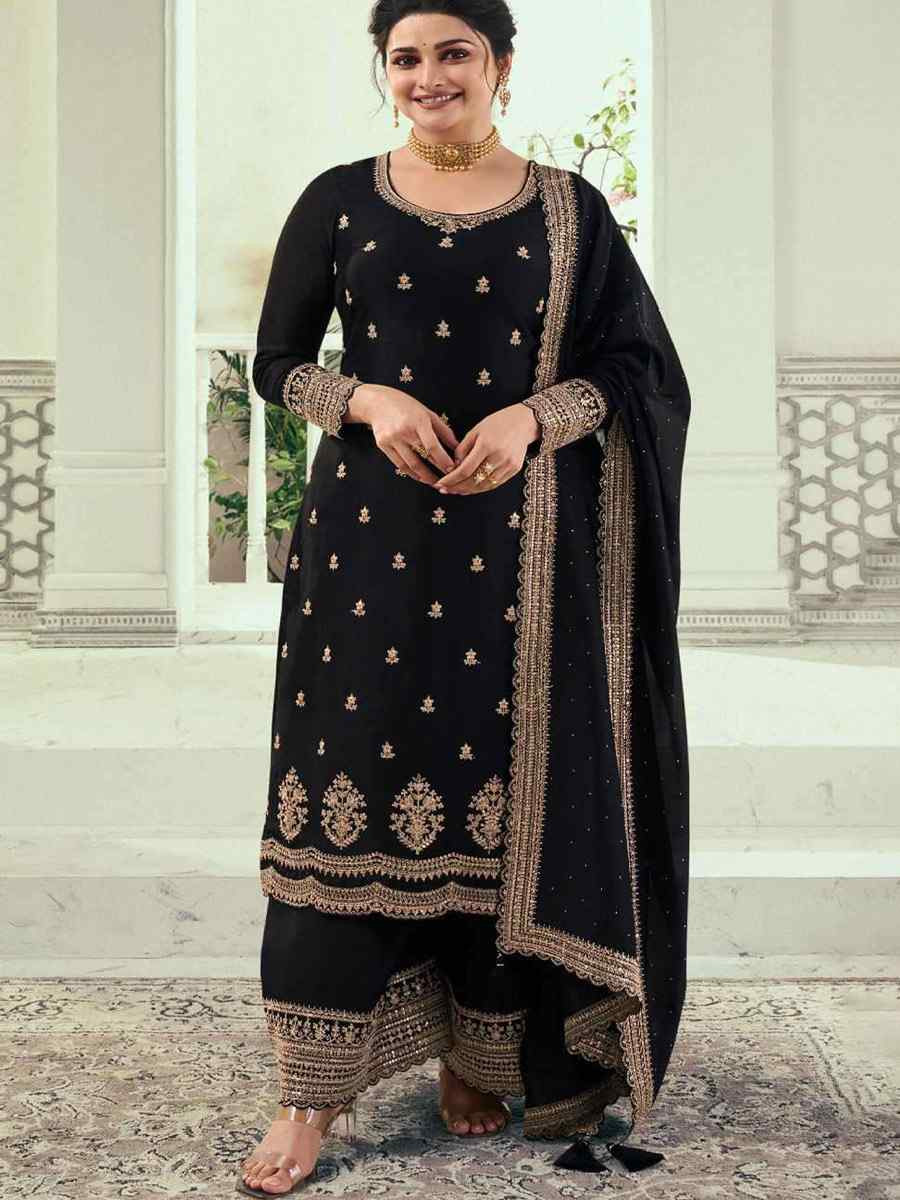 Black Heavy Silk Georgette Embroidered Casual Festival Wedding Party Palazzo Pant Salwar Kameez