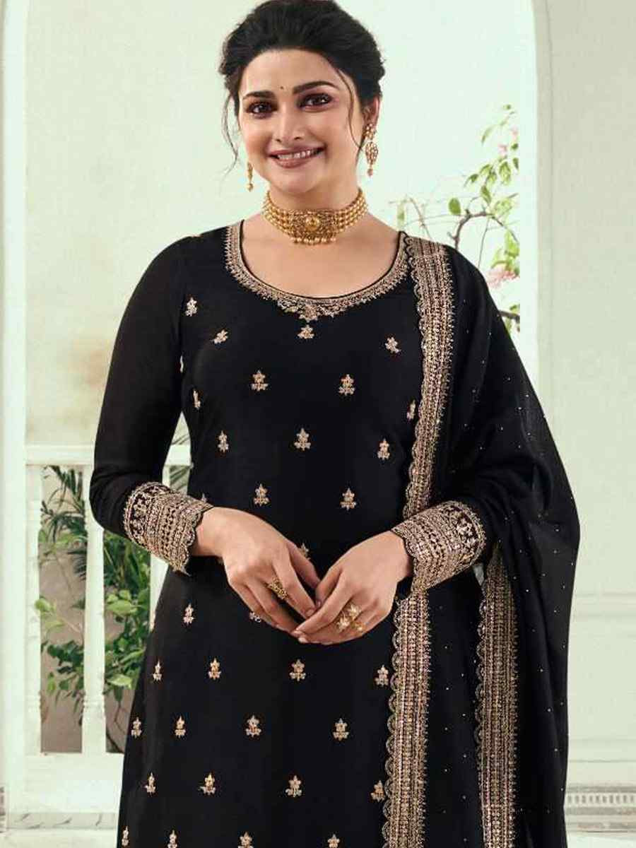 Black Heavy Silk Georgette Embroidered Casual Festival Wedding Party Palazzo Pant Salwar Kameez