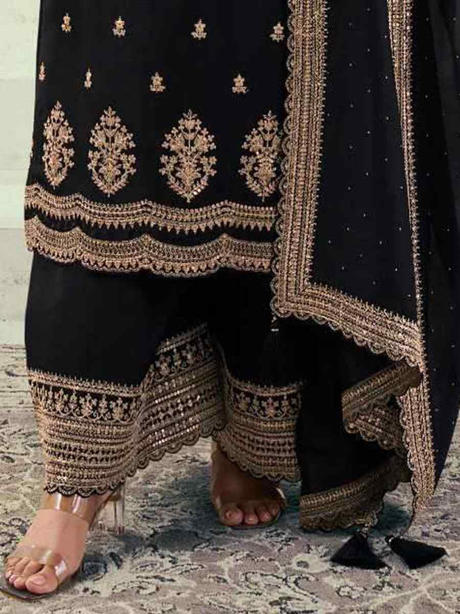 Black Heavy Silk Georgette Embroidered Casual Festival Wedding Party Palazzo Pant Salwar Kameez