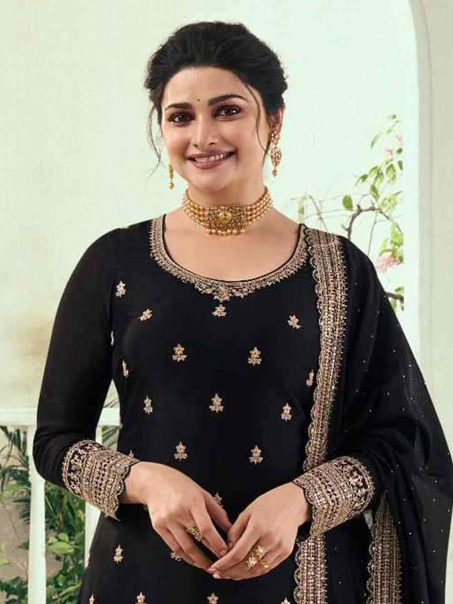 Black Heavy Silk Georgette Embroidered Casual Festival Wedding Party Palazzo Pant Salwar Kameez