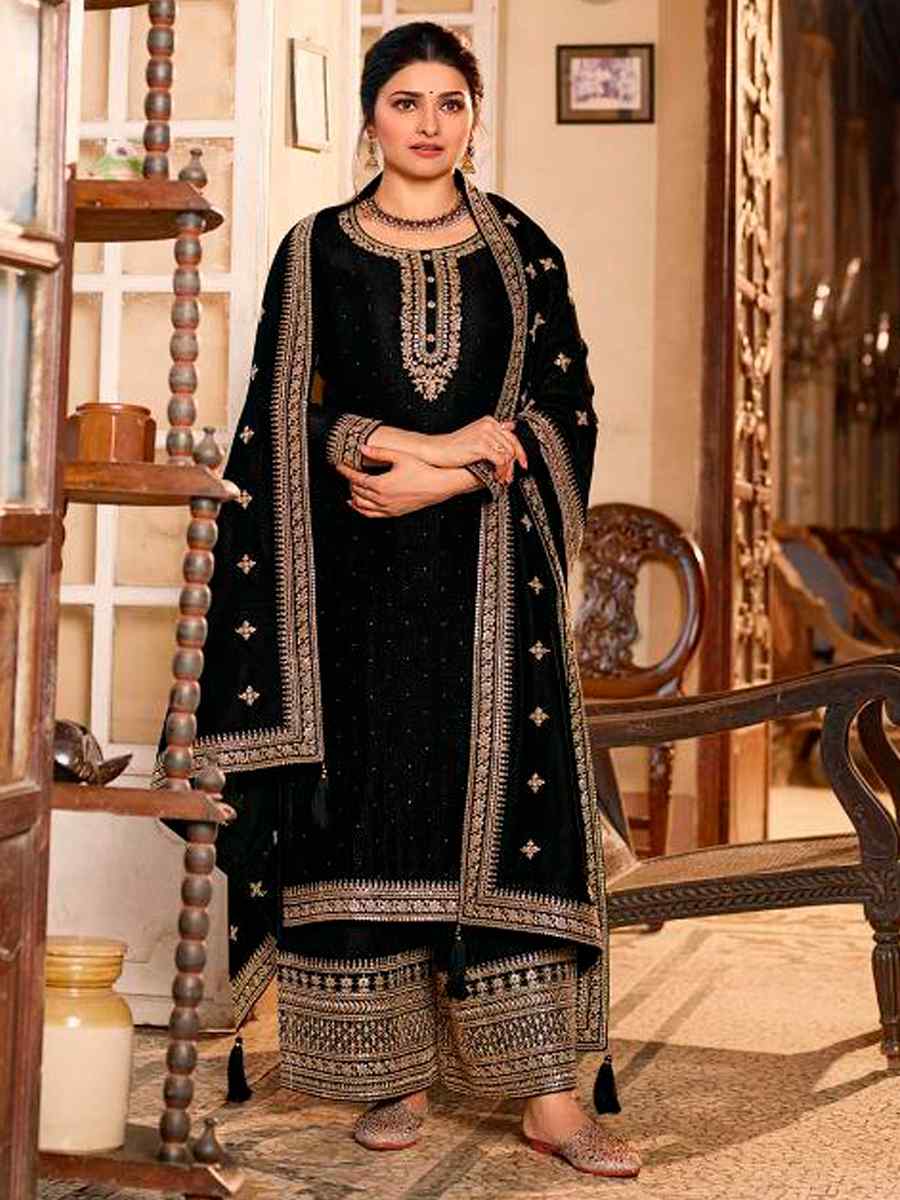 Black Heavy Silk Georgette Embroidered Wedding Festival Bollywood Palazzo Pant Salwar Kameez