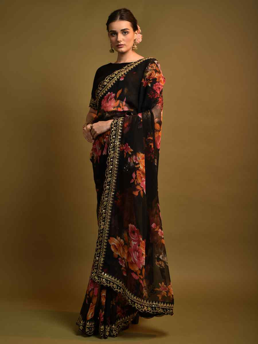 Black Heavy Soft Chiffon Handwoven Festival Wedding Heavy Border Saree