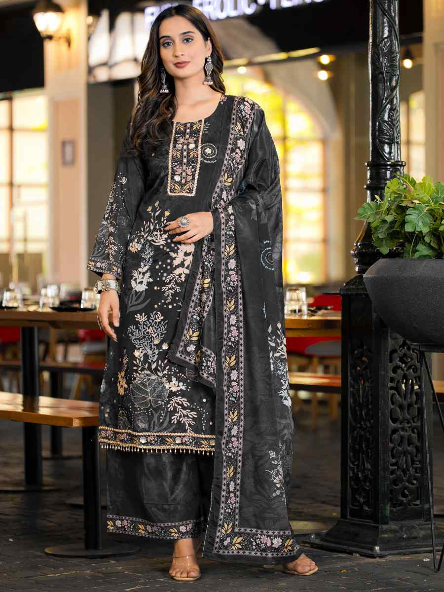 Black Heavy Soft Chinon Embroidery Party Wedding Festival Casual Ready Palazzo Salwar Kameez
