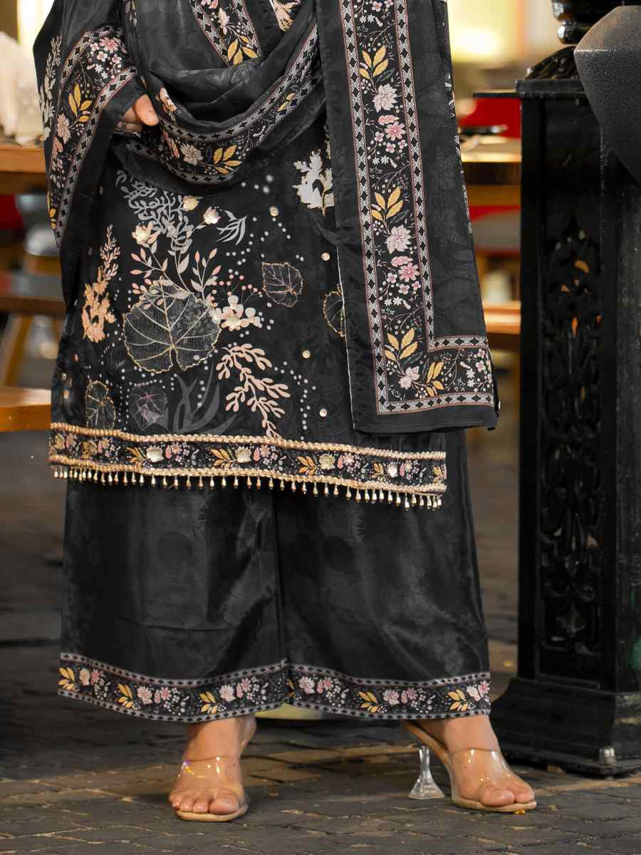 Black Heavy Soft Chinon Embroidery Party Wedding Festival Casual Ready Palazzo Salwar Kameez
