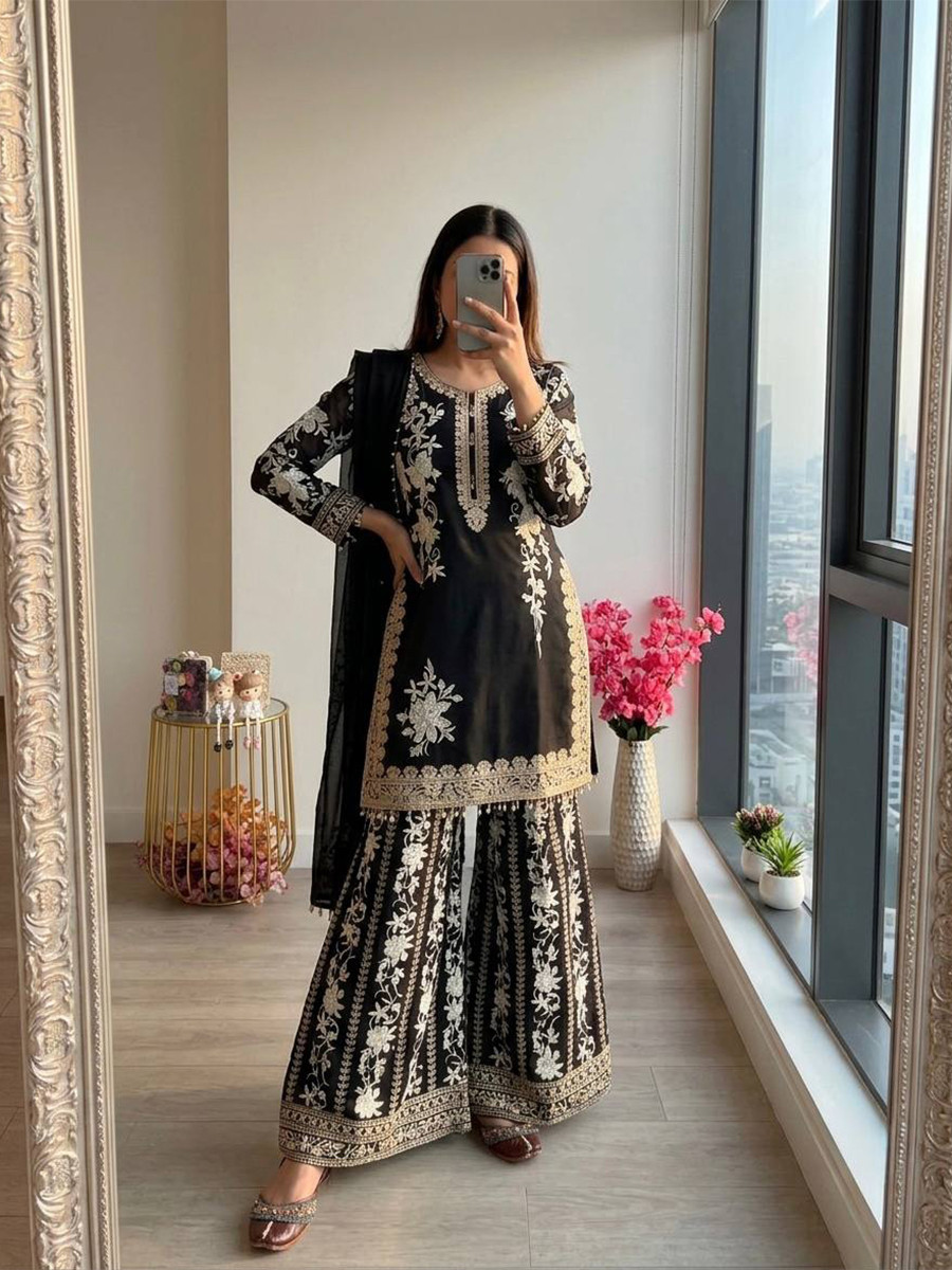 Black Heavy Star Georgette Embroidery Beads Work Wedding Party Festival Casual Ready Palazzo Pant Salwar Kameez
