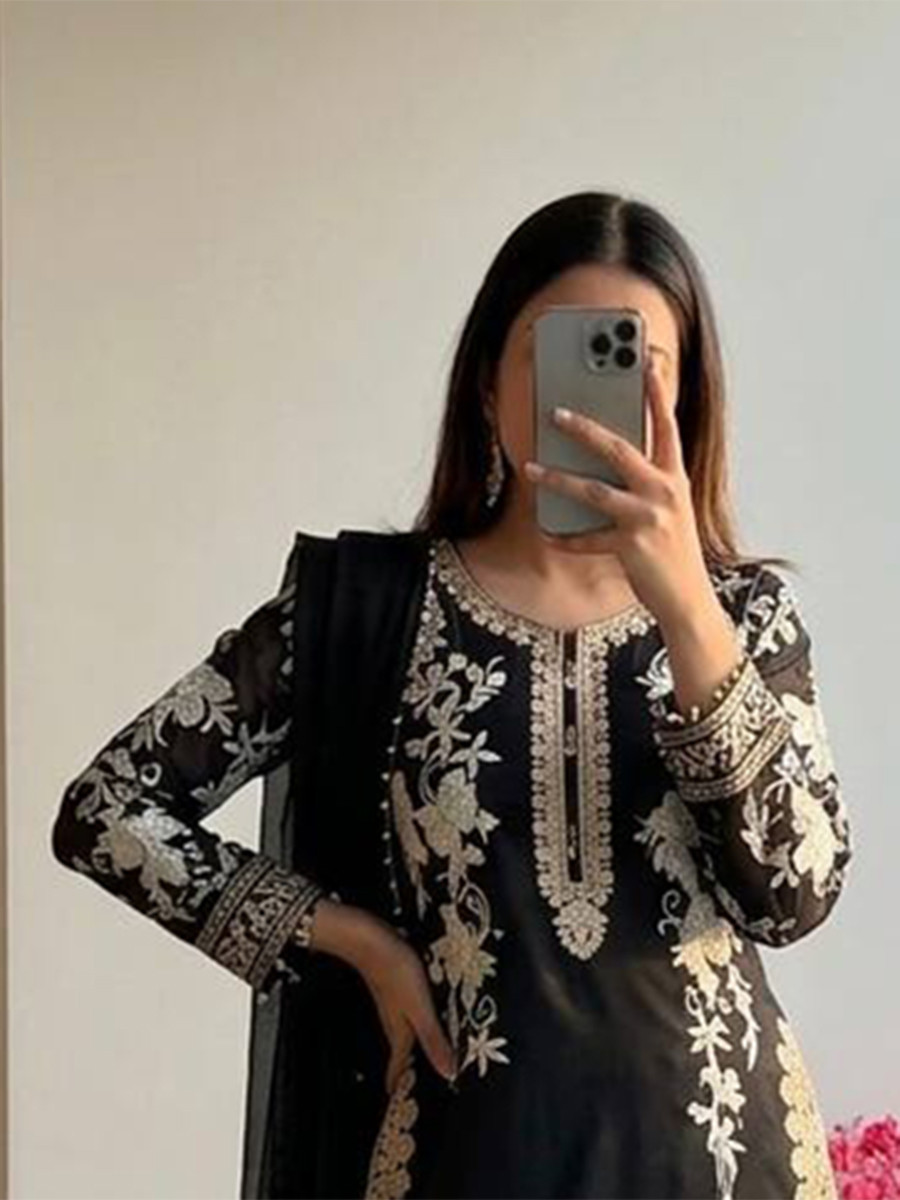 Black Heavy Star Georgette Embroidery Beads Work Wedding Party Festival Casual Ready Palazzo Pant Salwar Kameez