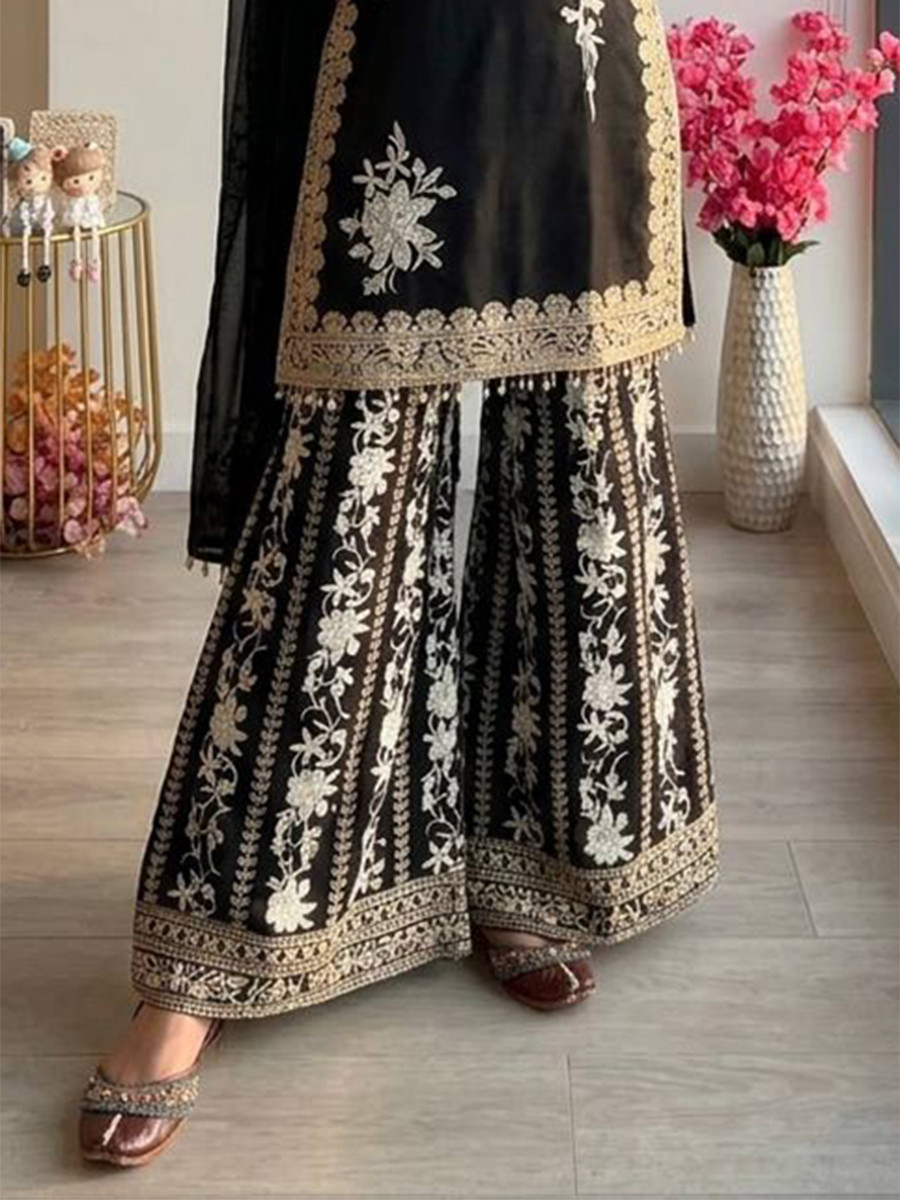 Black Heavy Star Georgette Embroidery Beads Work Wedding Party Festival Casual Ready Palazzo Pant Salwar Kameez
