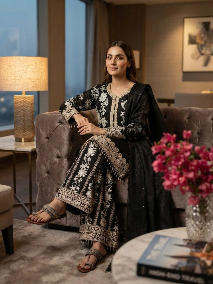 Black Heavy Star Georgette Embroidery Beads Work Wedding Party Festival Casual Ready Palazzo Pant Salwar Kameez