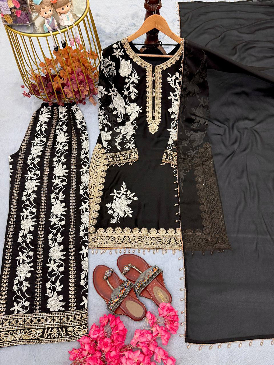 Black Heavy Star Georgette Embroidery Beads Work Wedding Party Festival Casual Ready Palazzo Pant Salwar Kameez