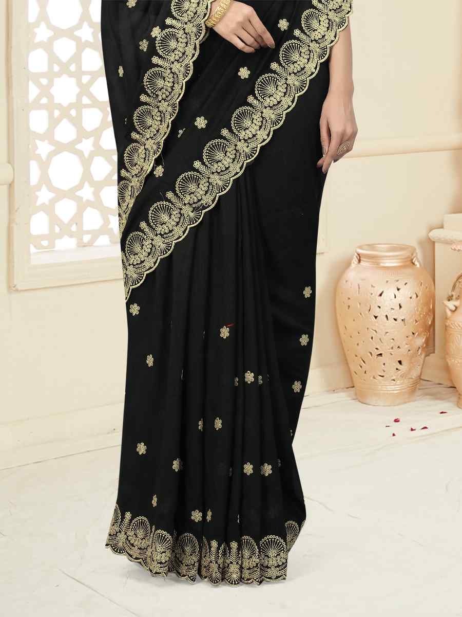 Black Heavy Vichitra Silk Embroidered Wedding Festival Heavy Border Saree