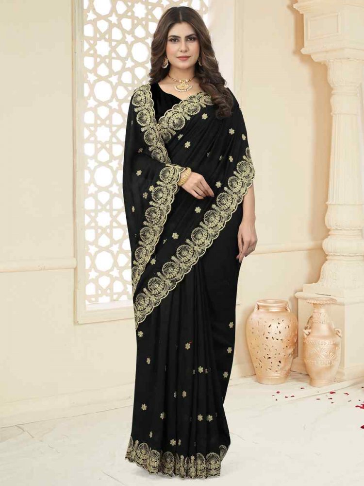 Black Heavy Vichitra Silk Embroidered Wedding Festival Heavy Border Saree