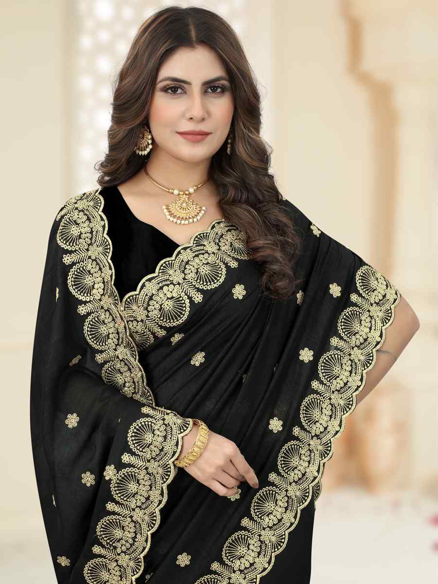 Black Heavy Vichitra Silk Embroidered Wedding Festival Heavy Border Saree