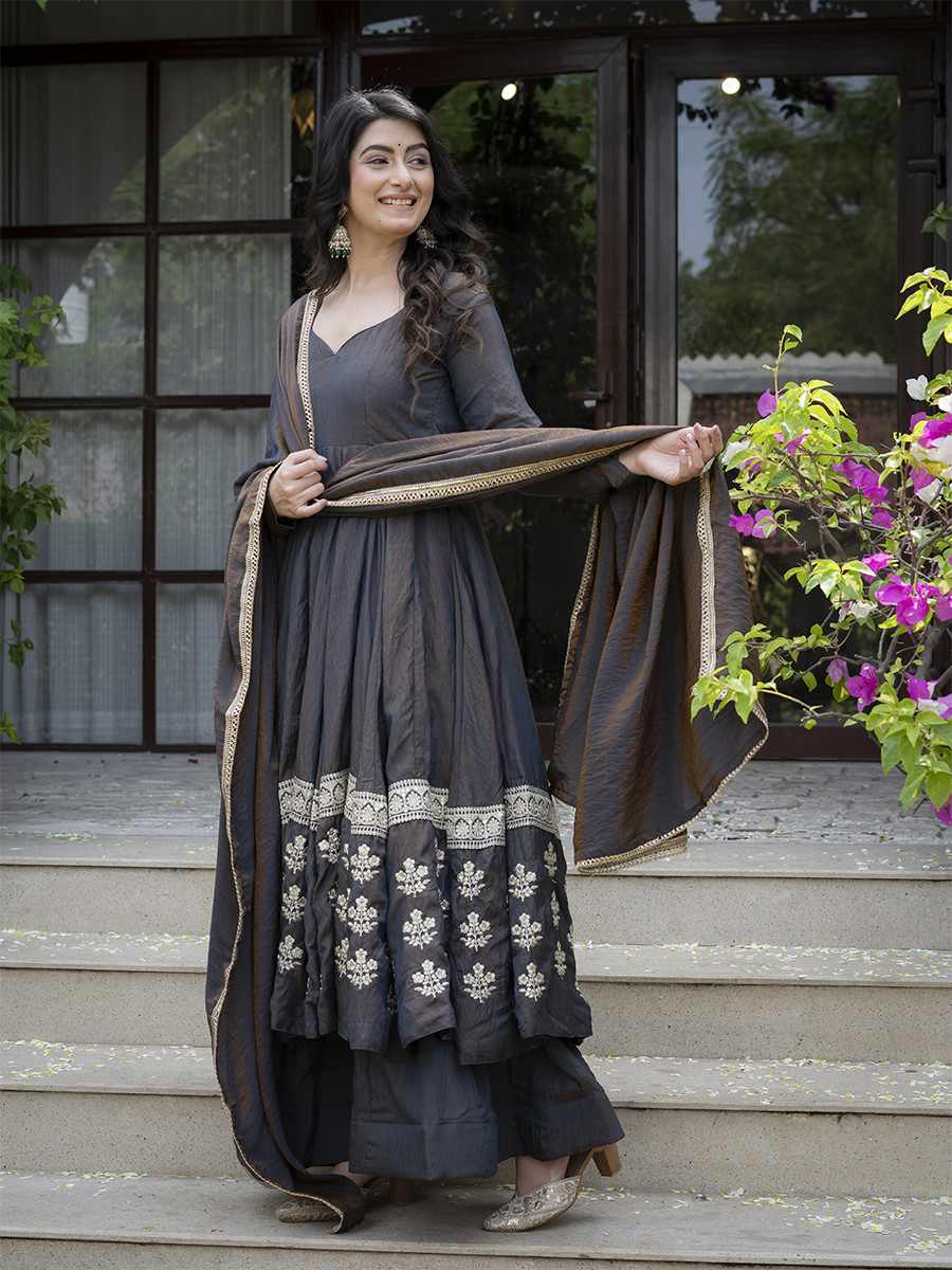 Black Heavy Vichitra Silk Embroidery Sequins Wedding Party Festival Casual Ready Anarkali Palazzo Pant Salwar Kameez