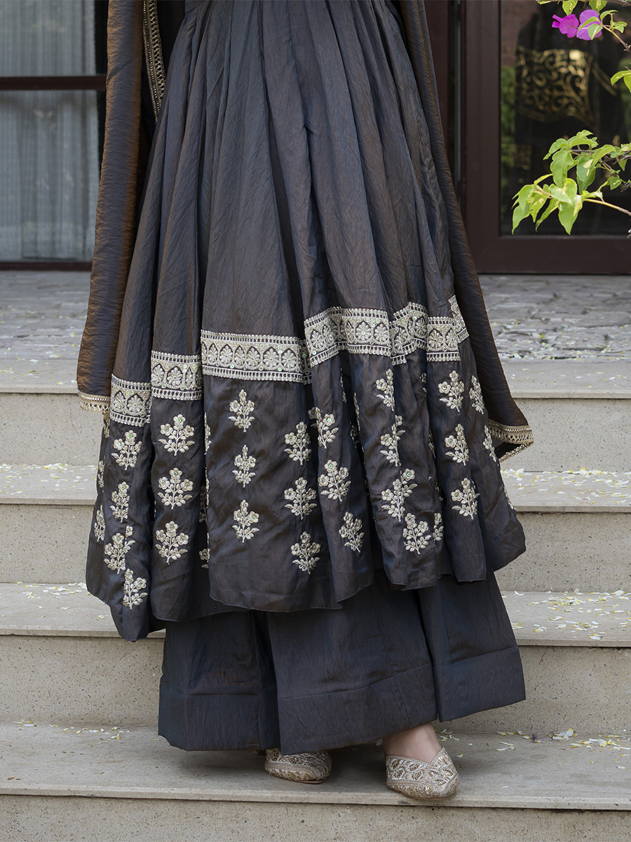 Black Heavy Vichitra Silk Embroidery Sequins Wedding Party Festival Casual Ready Anarkali Palazzo Pant Salwar Kameez