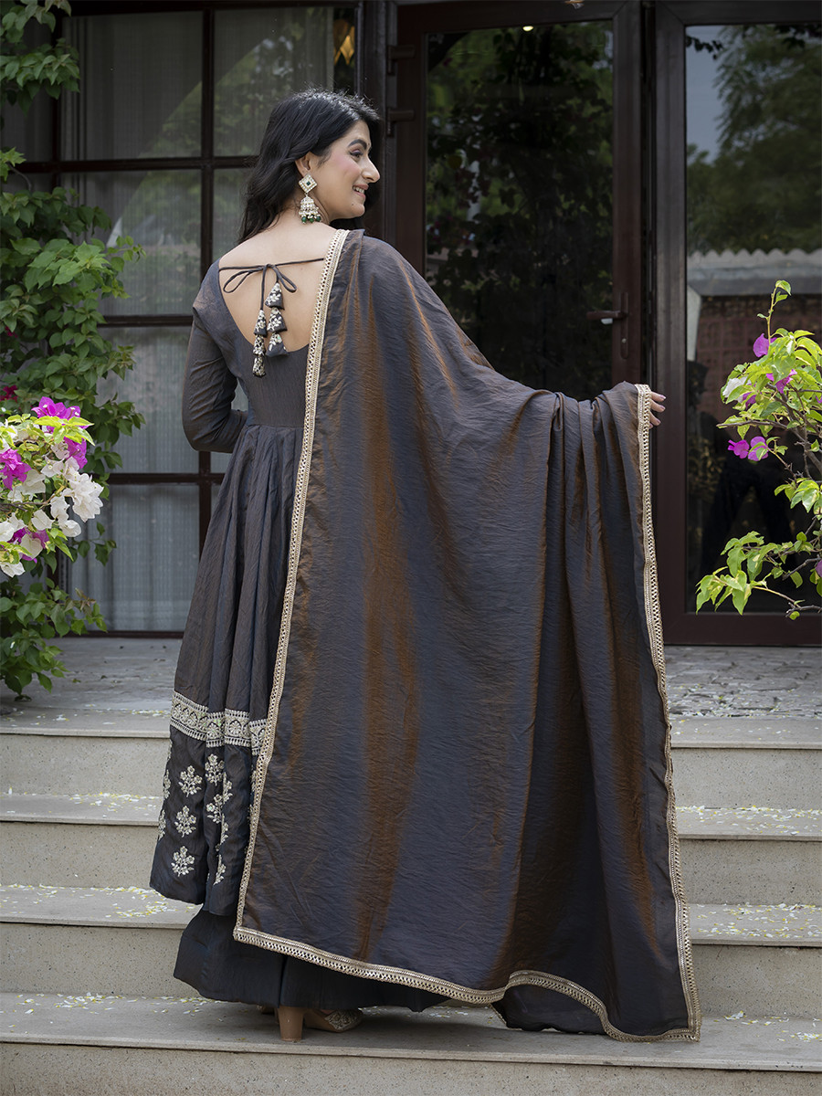 Black Heavy Vichitra Silk Embroidery Sequins Wedding Party Festival Casual Ready Anarkali Palazzo Pant Salwar Kameez