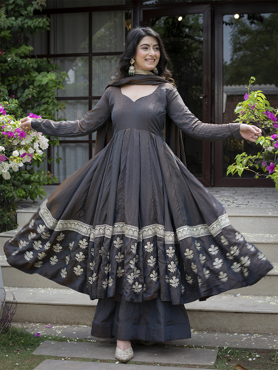 Black Heavy Vichitra Silk Embroidery Sequins Wedding Party Festival Casual Ready Anarkali Palazzo Pant Salwar Kameez
