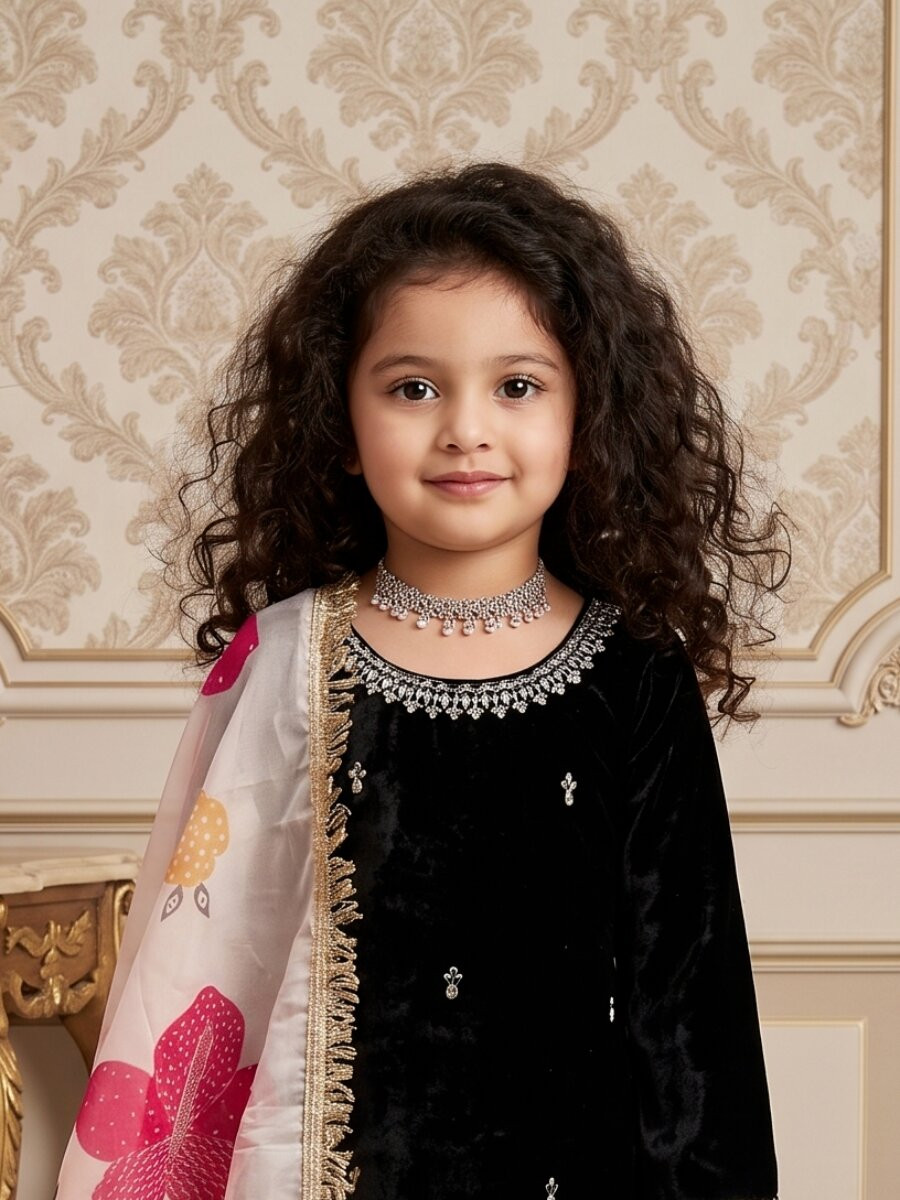 Black Heavy viscose velvet Embroidered Sequins Ethnic Casual Festival Party Wedding Kurta Sharara Girls Wear