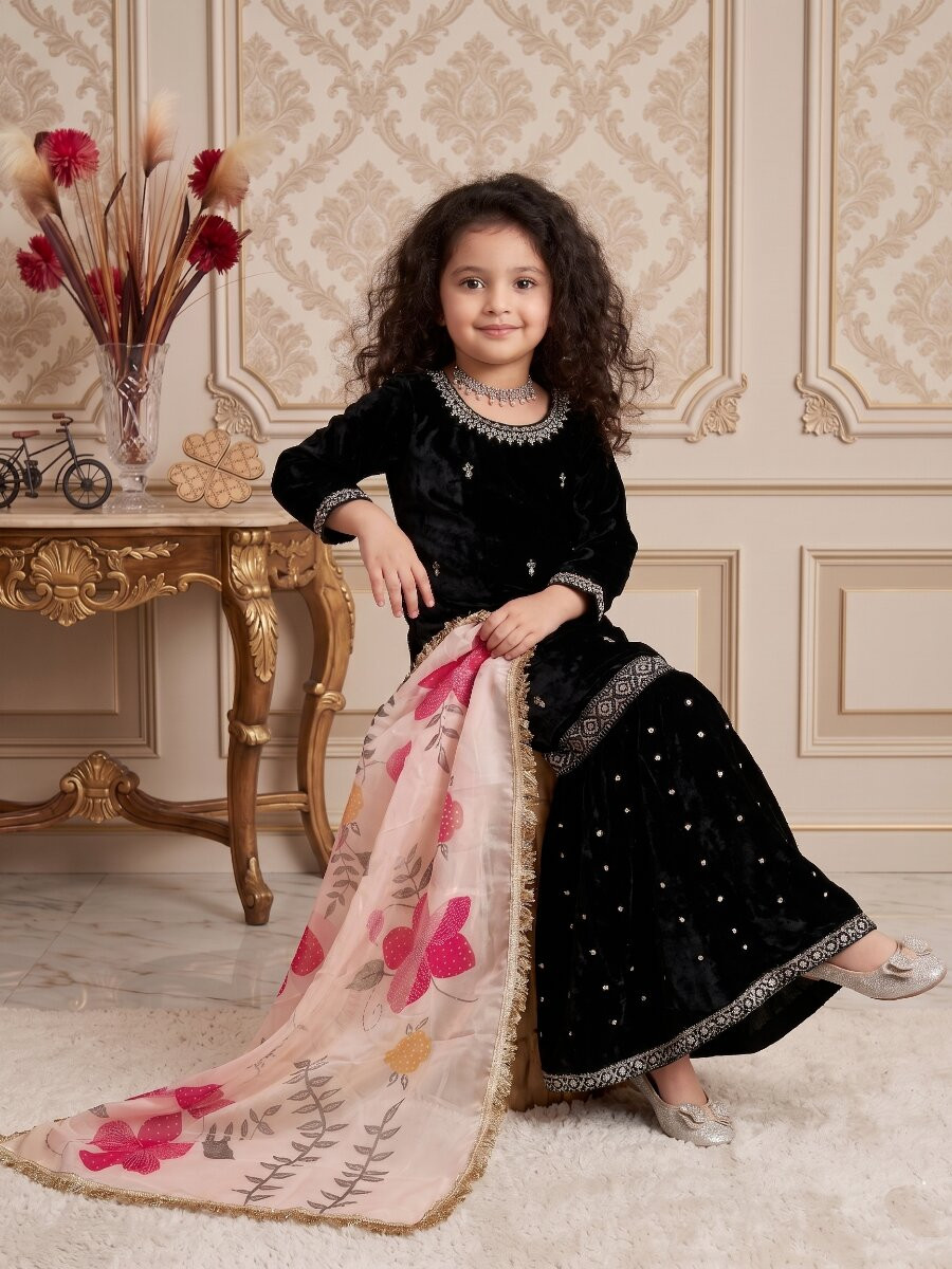 Black Heavy viscose velvet Embroidered Sequins Ethnic Casual Festival Party Wedding Kurta Sharara Girls Wear