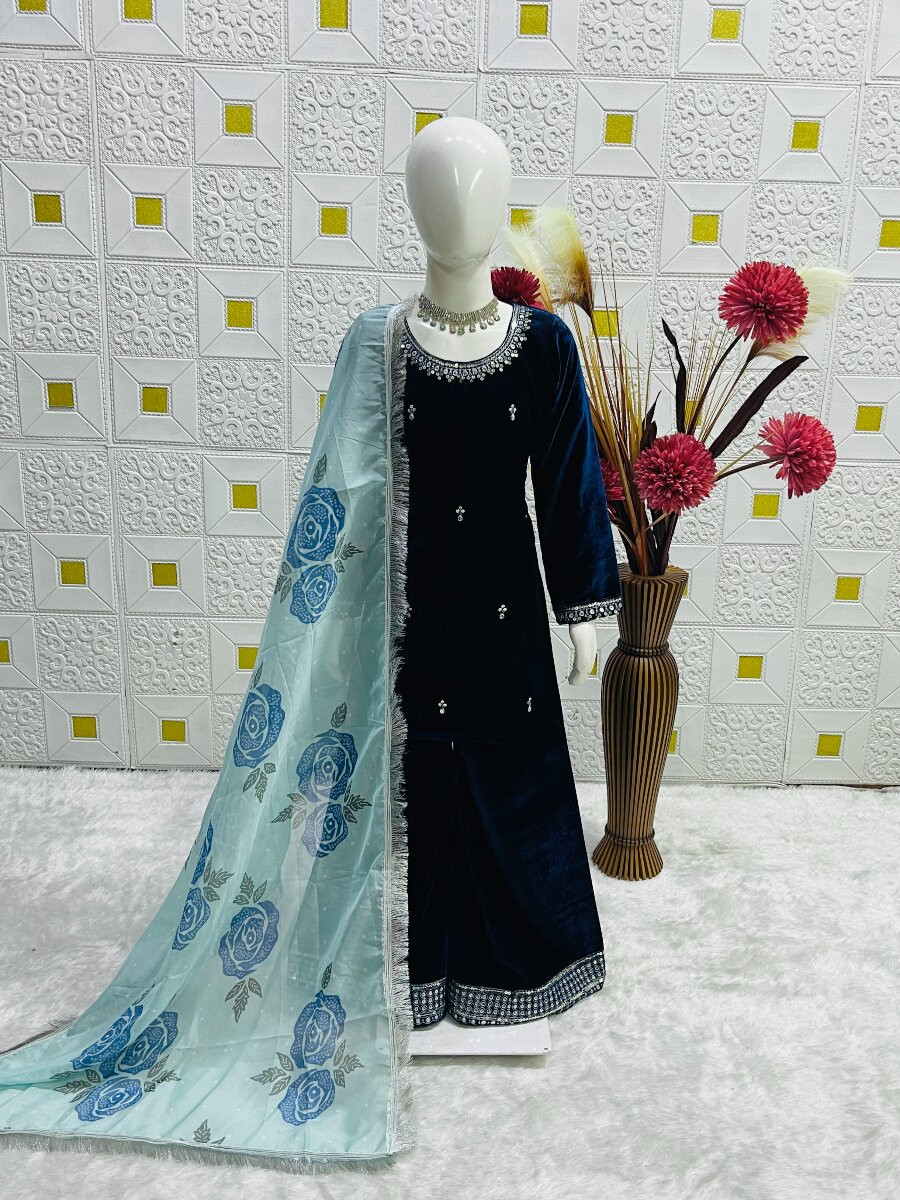 Black Heavy viscose velvet Embroidered Sequins Ethnic Casual Festival Party Wedding Salwars Girls Wear