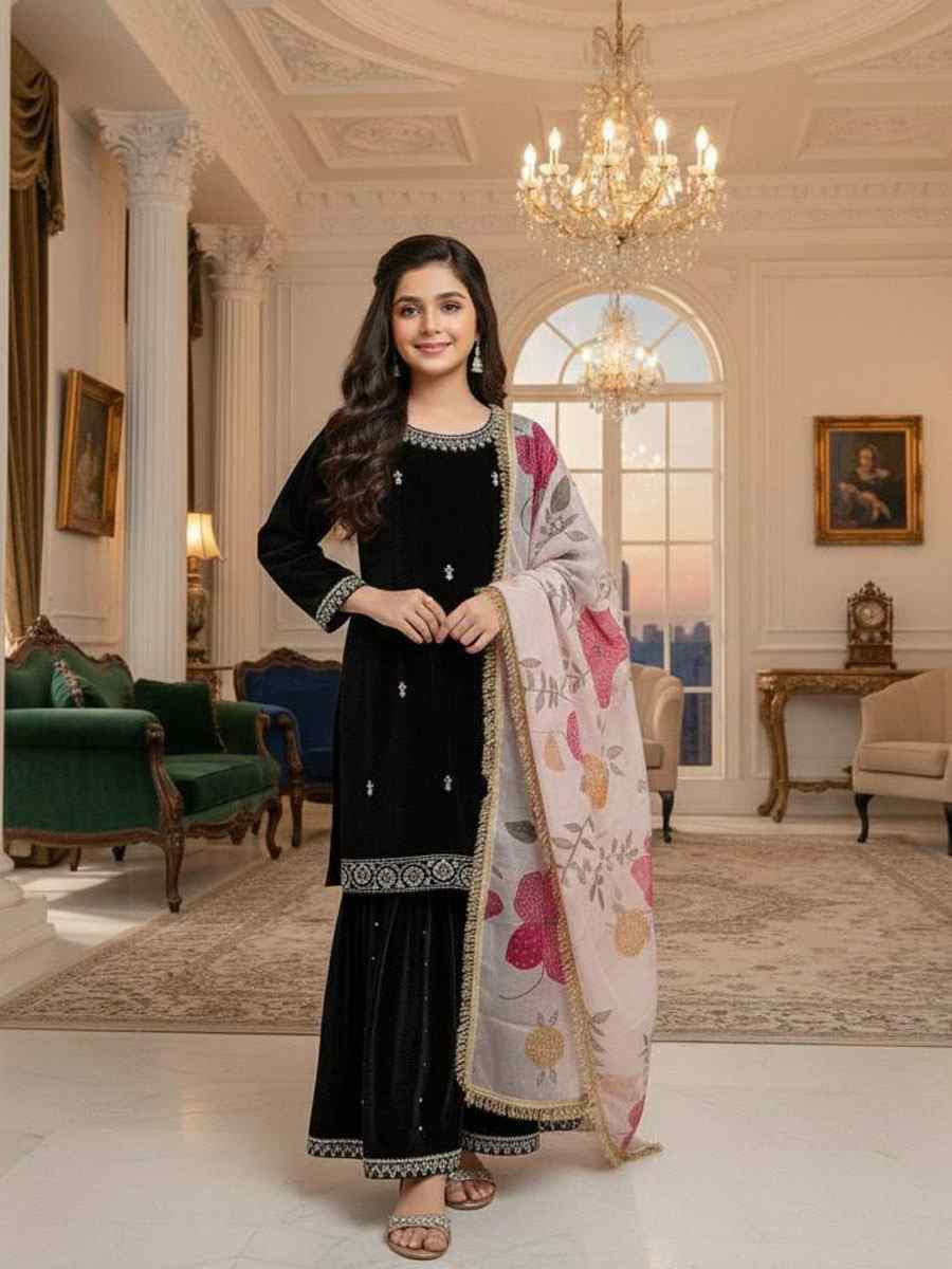 Black Heavy Viscose Velvet Embroidered Wedding Festival Kurta Sharara Girls Wear