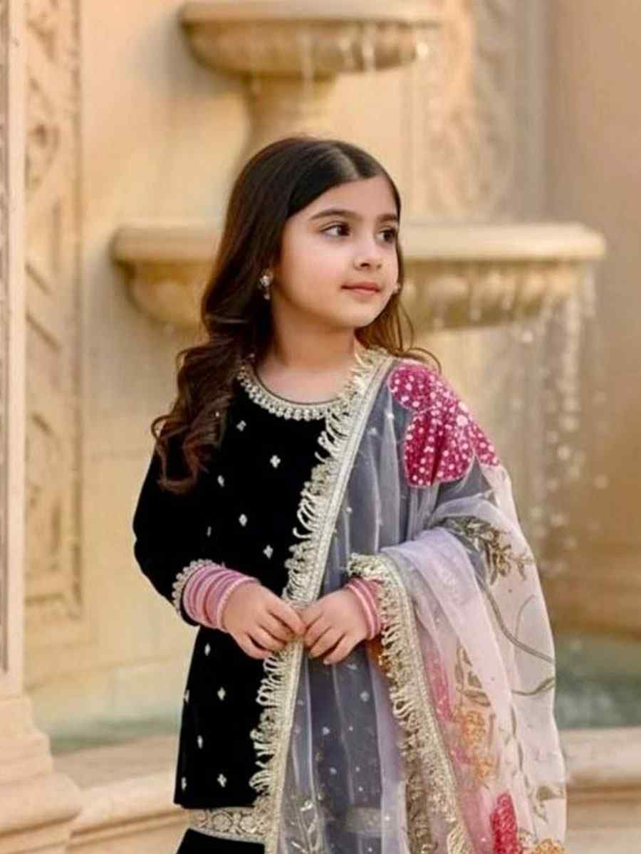 Black Heavy Viscose Velvet Embroidered Wedding Festival Kurta Sharara Girls Wear