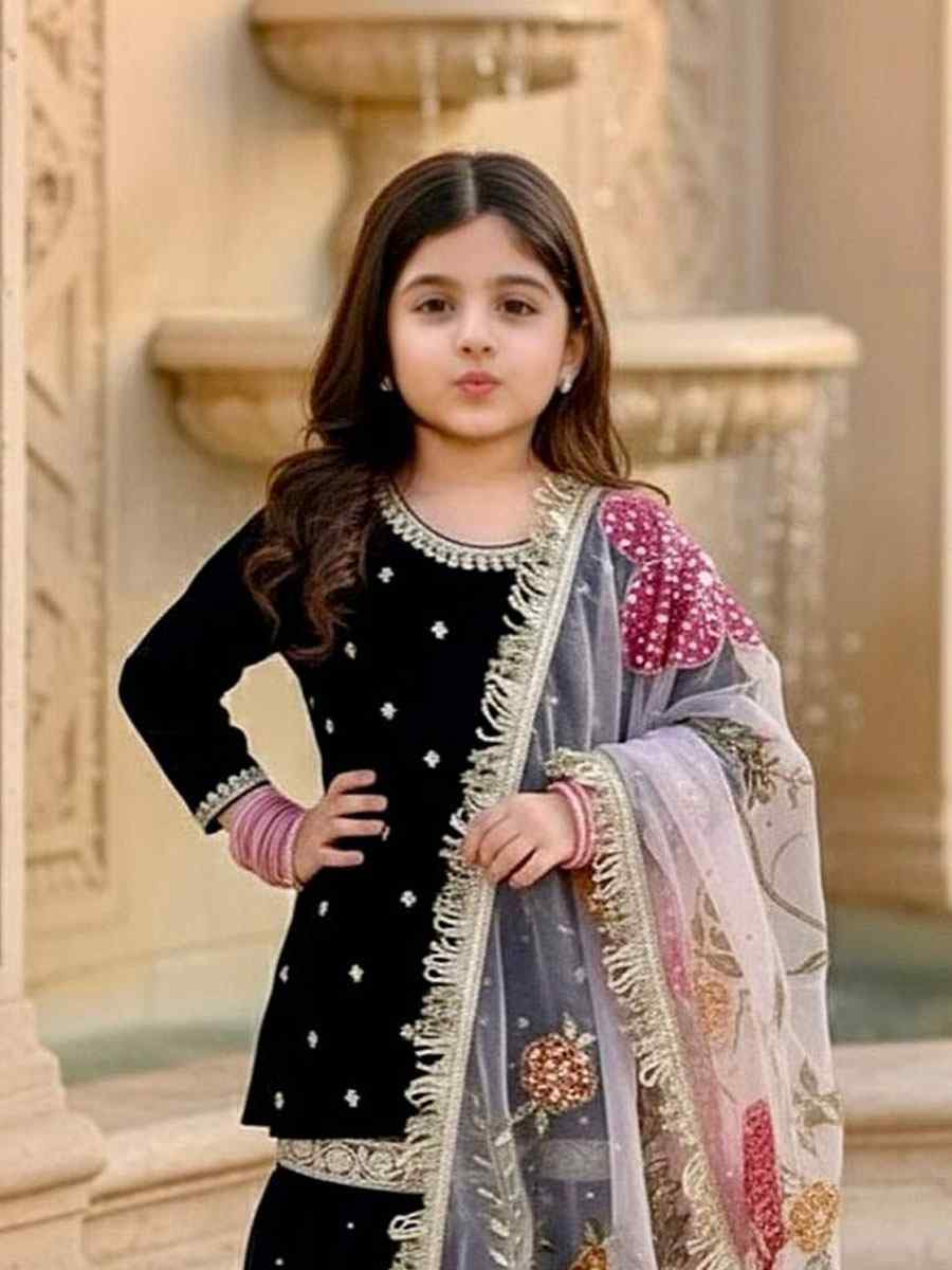 Black Heavy Viscose Velvet Embroidered Wedding Festival Kurta Sharara Girls Wear