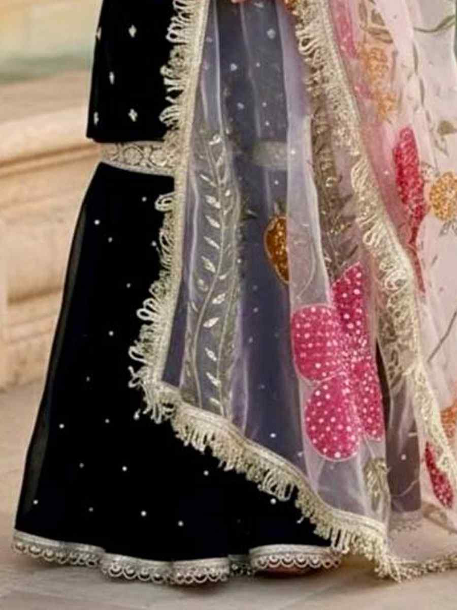 Black Heavy Viscose Velvet Embroidered Wedding Festival Kurta Sharara Girls Wear