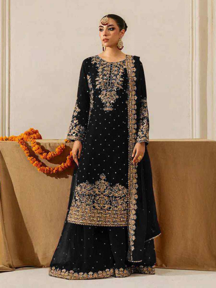 Image of Black Heavy Viscose Velvet Embroidery Party Wedding Festival Casual Ready Palazzo Pant Salwar Kameez