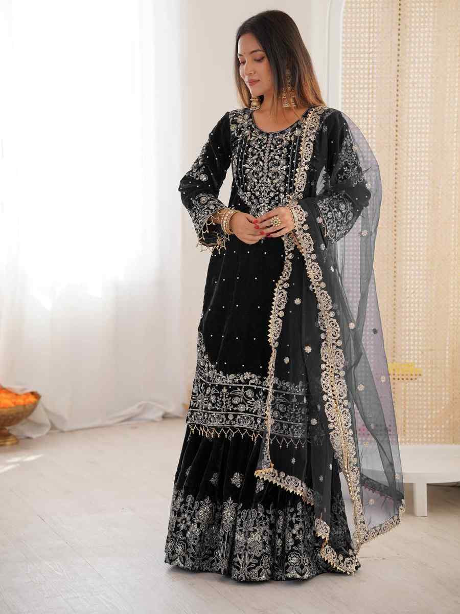 Black Heavy Viscose Velvet Embroidery Party Wedding Festival Casual Ready Sharara Pant Salwar Kameez
