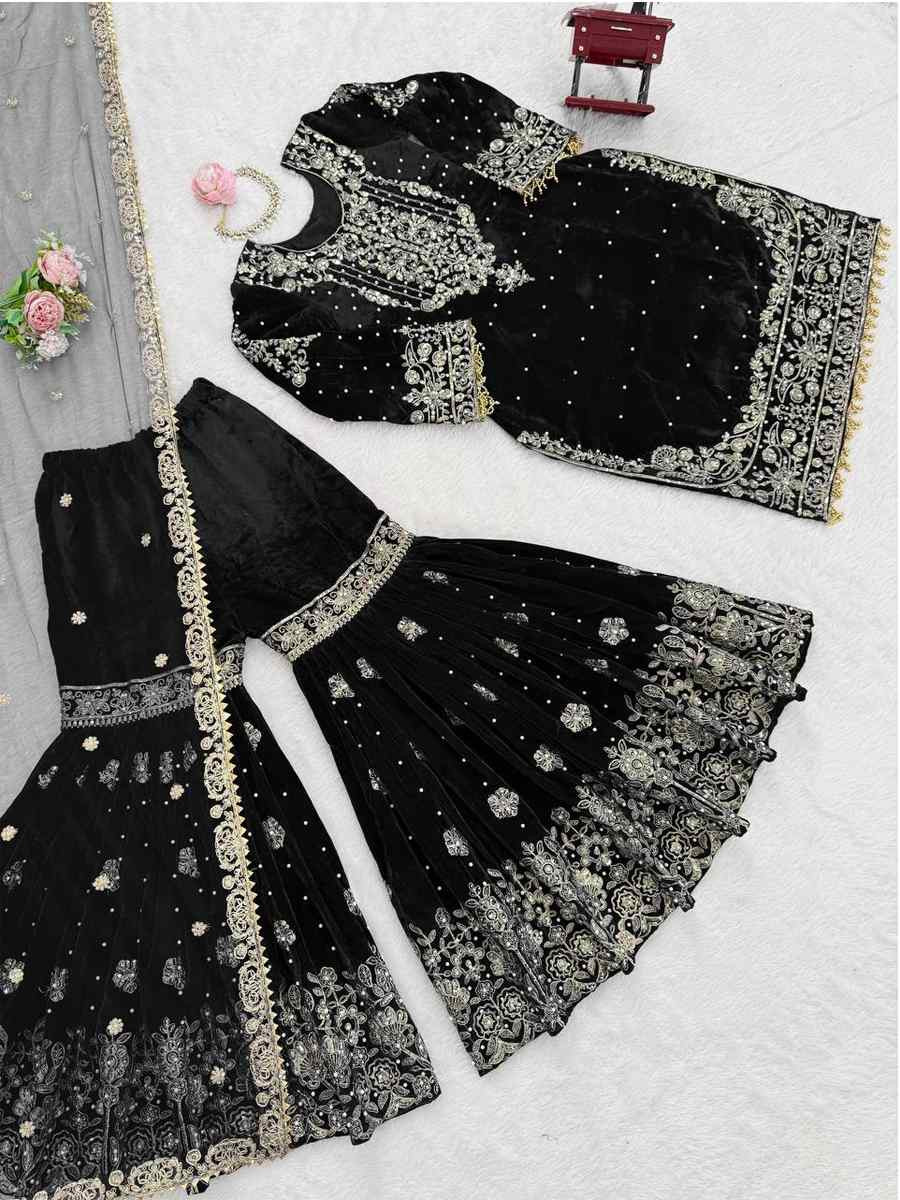 Black Heavy Viscose Velvet Embroidery Party Wedding Festival Casual Ready Sharara Pant Salwar Kameez