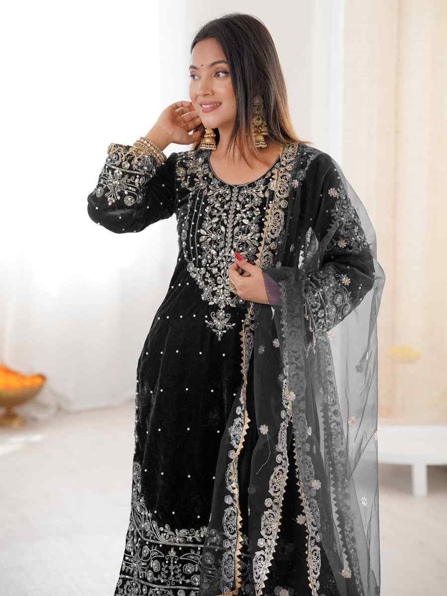 Black Heavy Viscose Velvet Embroidery Party Wedding Festival Casual Ready Sharara Pant Salwar Kameez