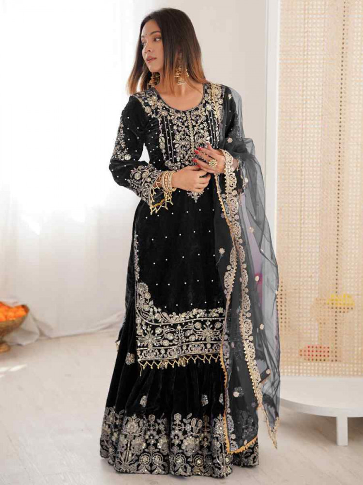 Image of Black Heavy Viscose Velvet Embroidery Party Wedding Festival Casual Ready Sharara Pant Salwar Kameez