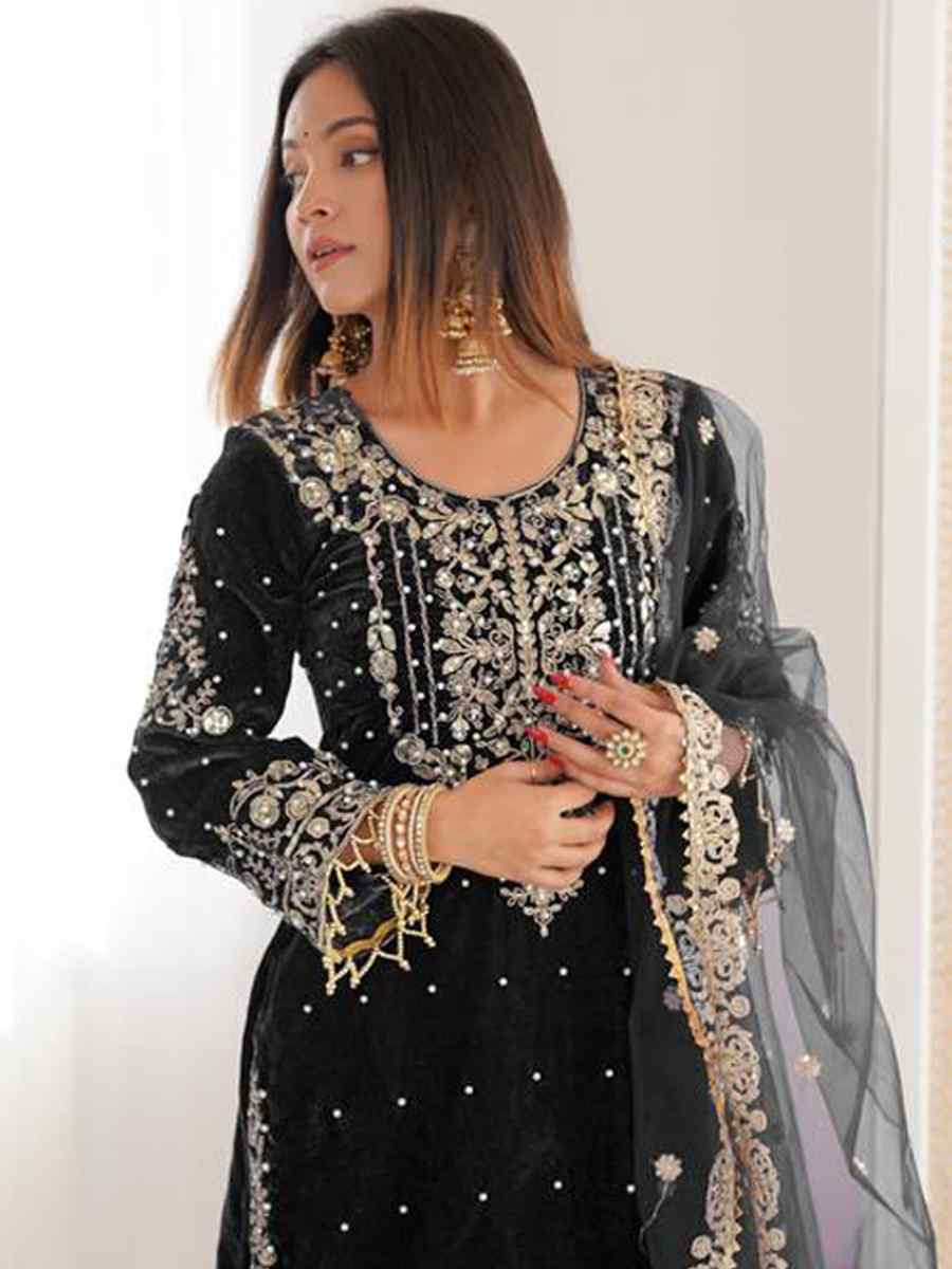Black Heavy Viscose Velvet Embroidery Party Wedding Festival Casual Ready Sharara Pant Salwar Kameez