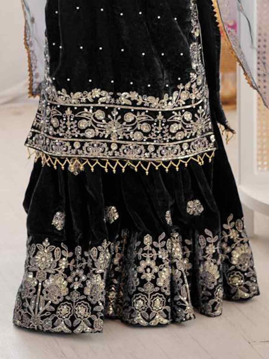 Black Heavy Viscose Velvet Embroidery Party Wedding Festival Casual Ready Sharara Pant Salwar Kameez
