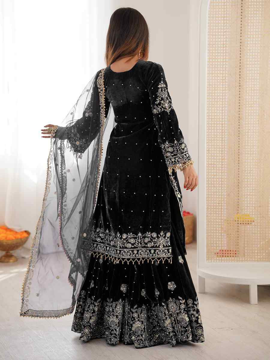 Black Heavy Viscose Velvet Embroidery Party Wedding Festival Casual Ready Sharara Pant Salwar Kameez