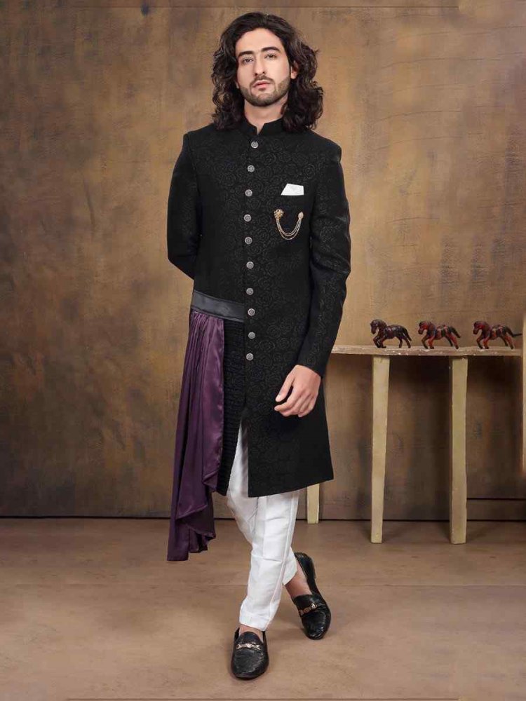 Black Imported Embroidered Wedding Party Sherwani