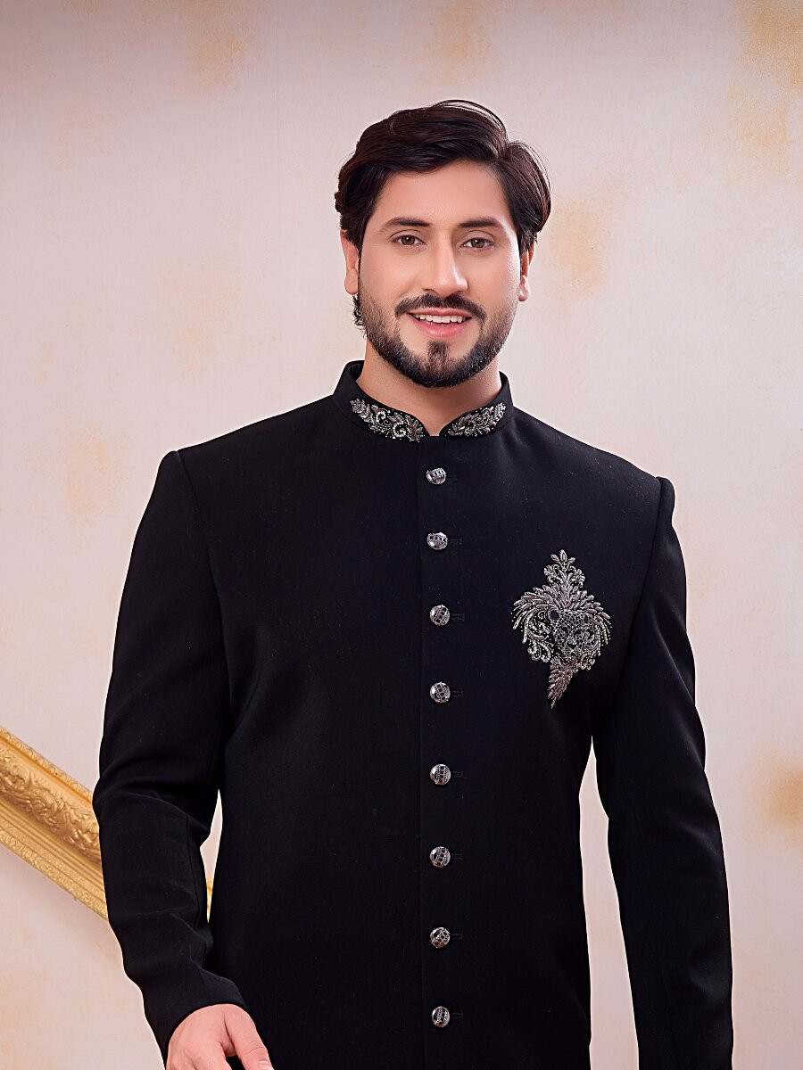 Black Imported Lachka Fabric Embroidery Zardosi Wedding Party Festival Casual Groom Sherwani