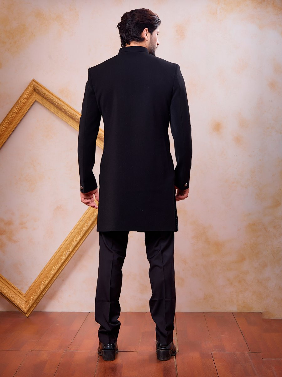 Black Imported Lachka Fabric Embroidery Zardosi Wedding Party Festival Casual Groom Sherwani