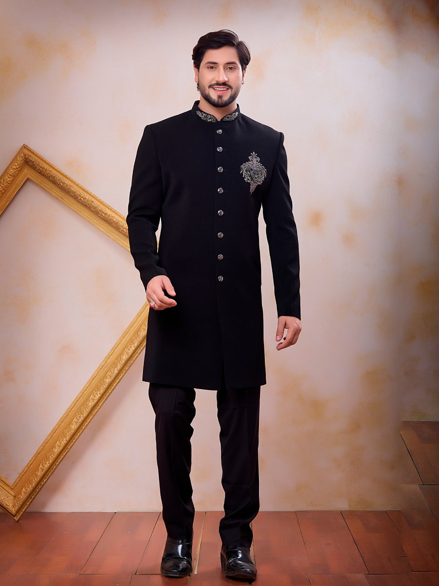 Black Imported Lachka Fabric Embroidery Zardosi Wedding Party Festival Casual Groom Sherwani