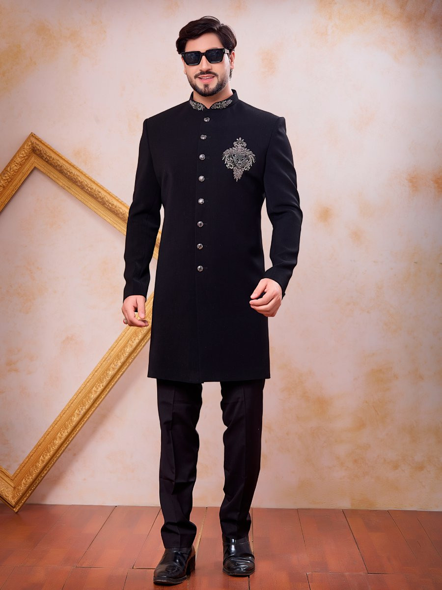 Black Imported Lachka Fabric Embroidery Zardosi Wedding Party Festival Casual Groom Sherwani
