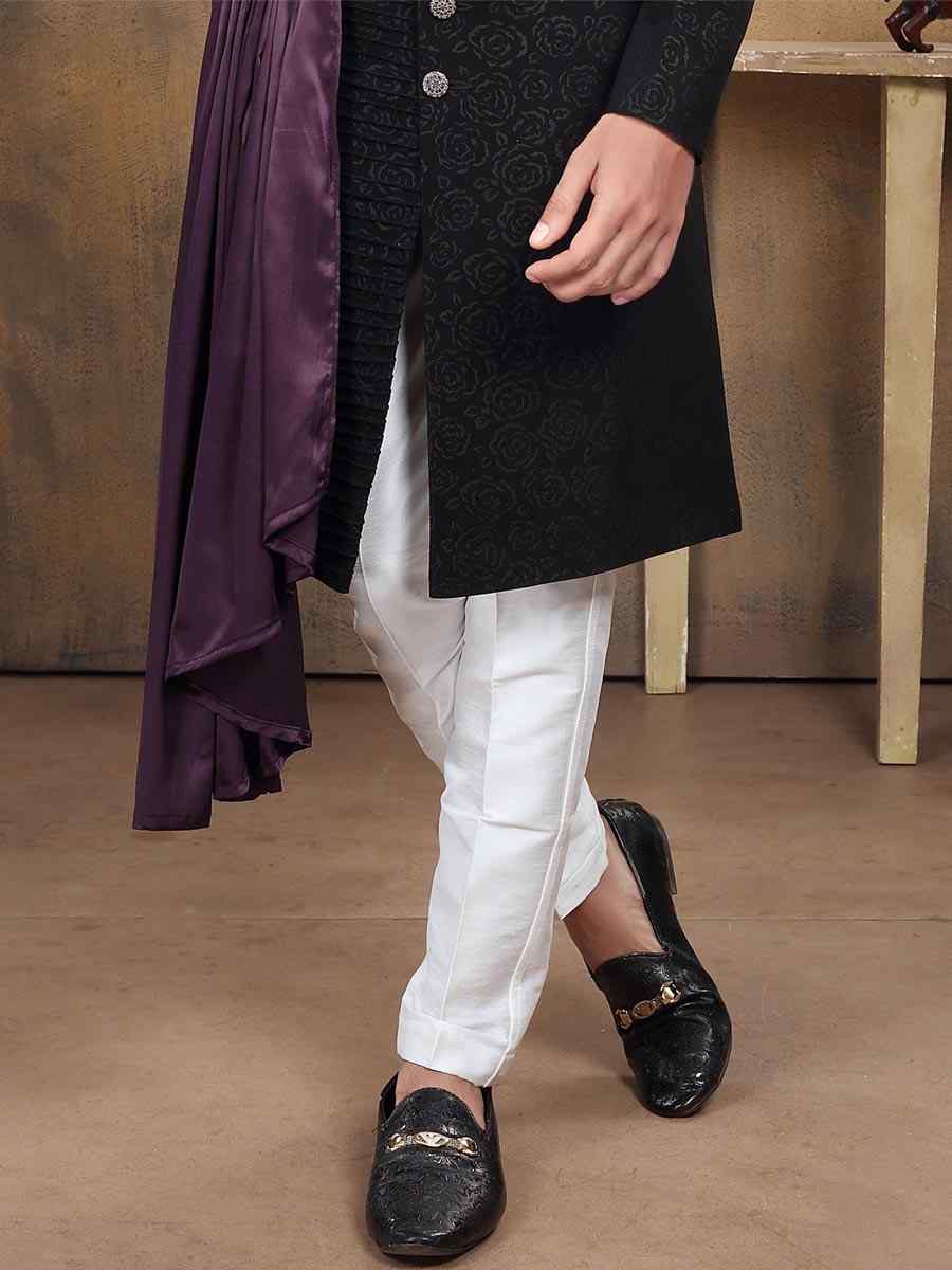 Black Imported Woven Groom Wedding Sherwani