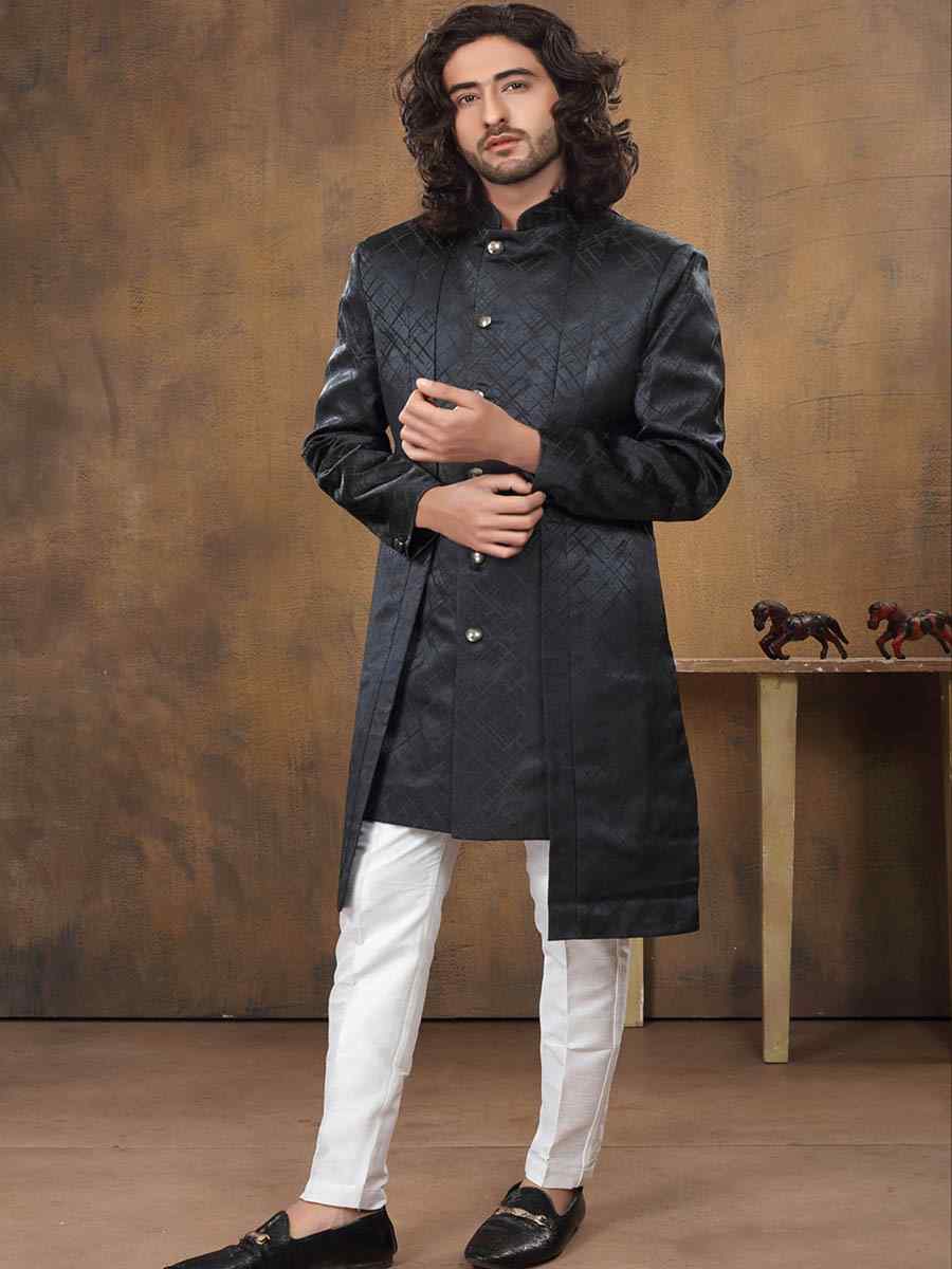 Black Imported Woven Groom Wedding Sherwani