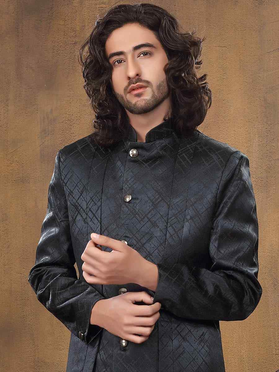 Black Imported Woven Groom Wedding Sherwani