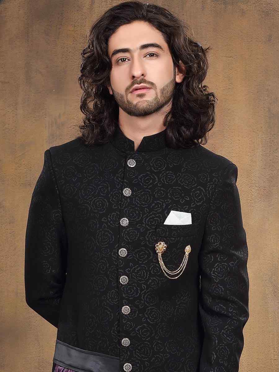 Black Imported Woven Groom Wedding Sherwani