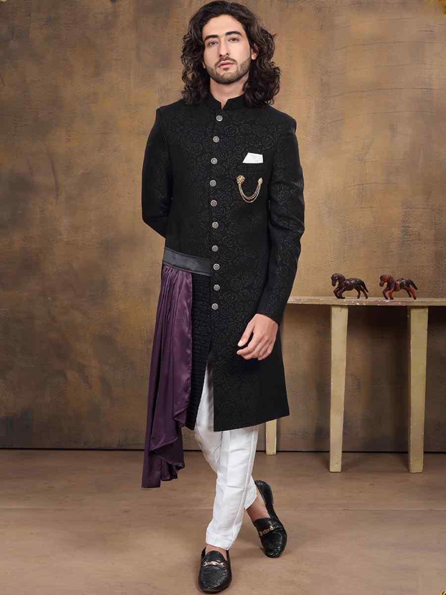 Black Imported Woven Groom Wedding Sherwani