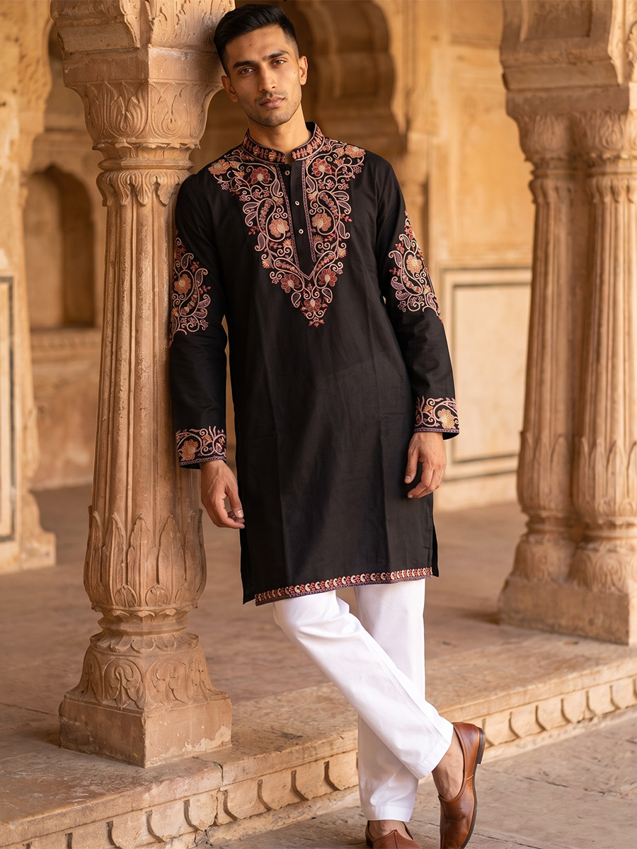 Black Inported Lachka Fabric Embroidery Wedding Party Festival Casual Mens Wear Kurta