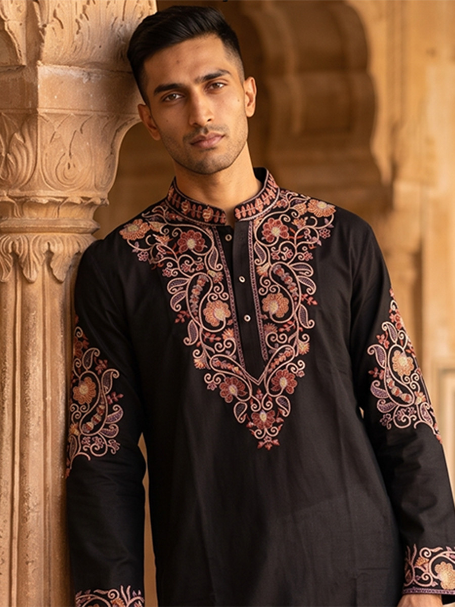 Black Inported Lachka Fabric Embroidery Wedding Party Festival Casual Mens Wear Kurta
