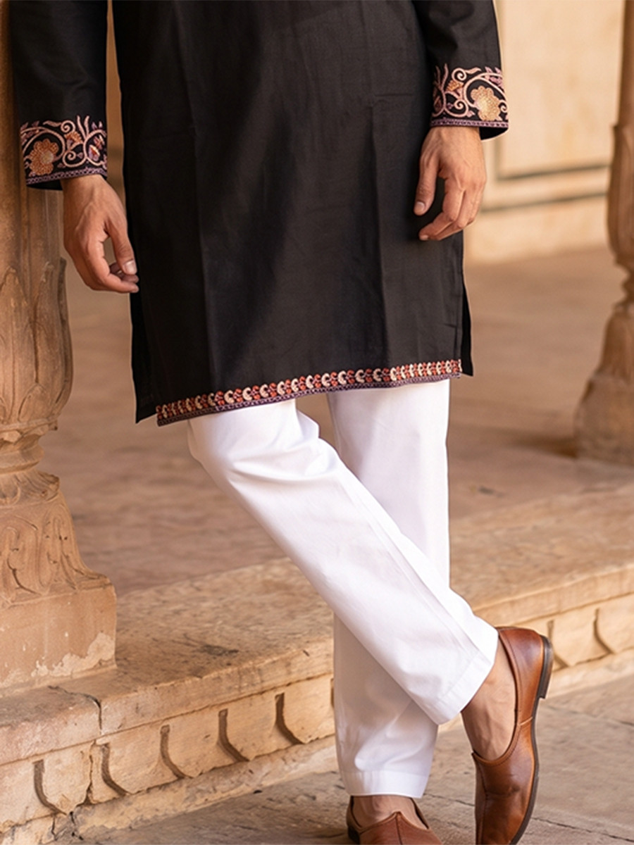 Black Inported Lachka Fabric Embroidery Wedding Party Festival Casual Mens Wear Kurta