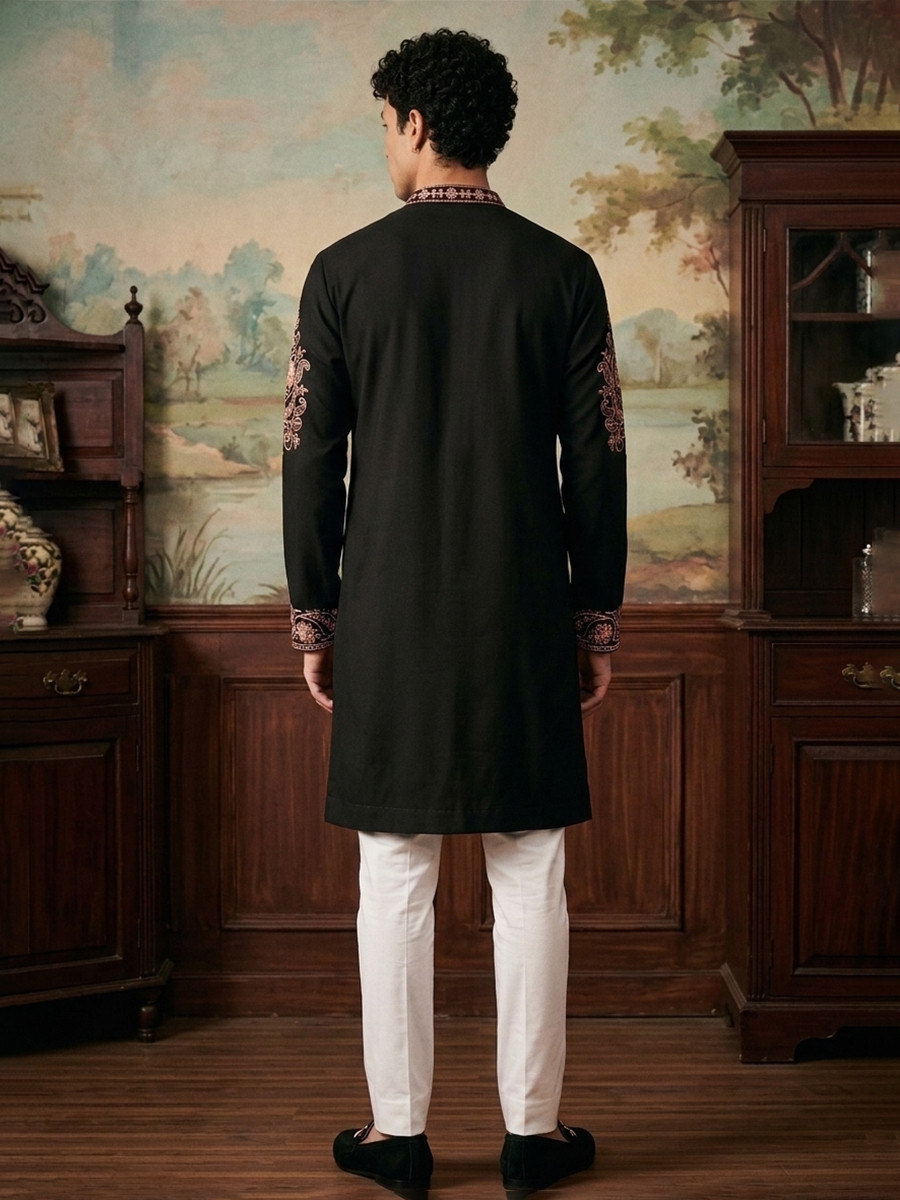 Black Inported Lachka Fabric Embroidery Wedding Party Festival Casual Mens Wear Kurta