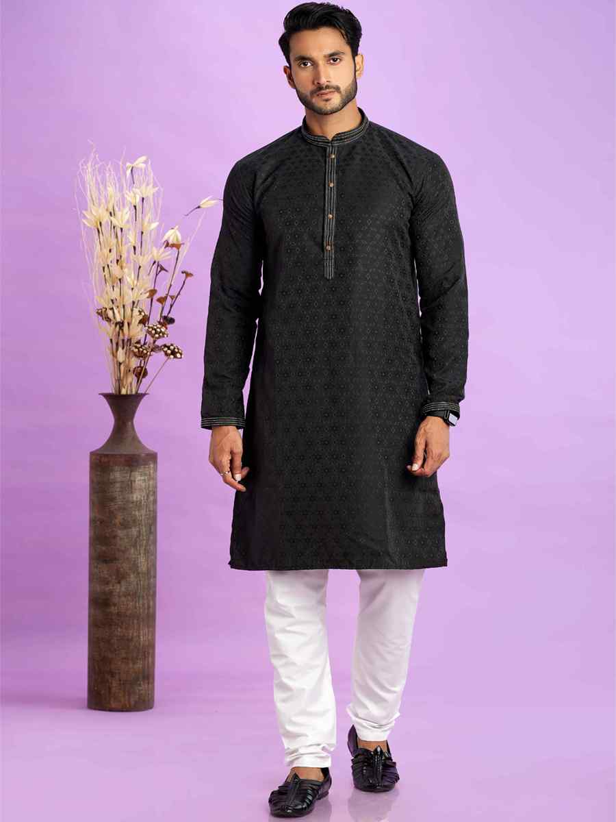 Black Jacquard Art Soft Silk Printed Festival Casual Kurta
